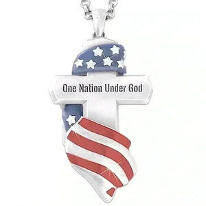 American Flag Cross One Nation Under God Pendant Stylish Unisex Silver Necklace